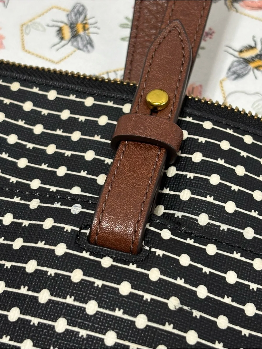 Fossil Black & White Dot-Striped Tote with Brown Leather Handles